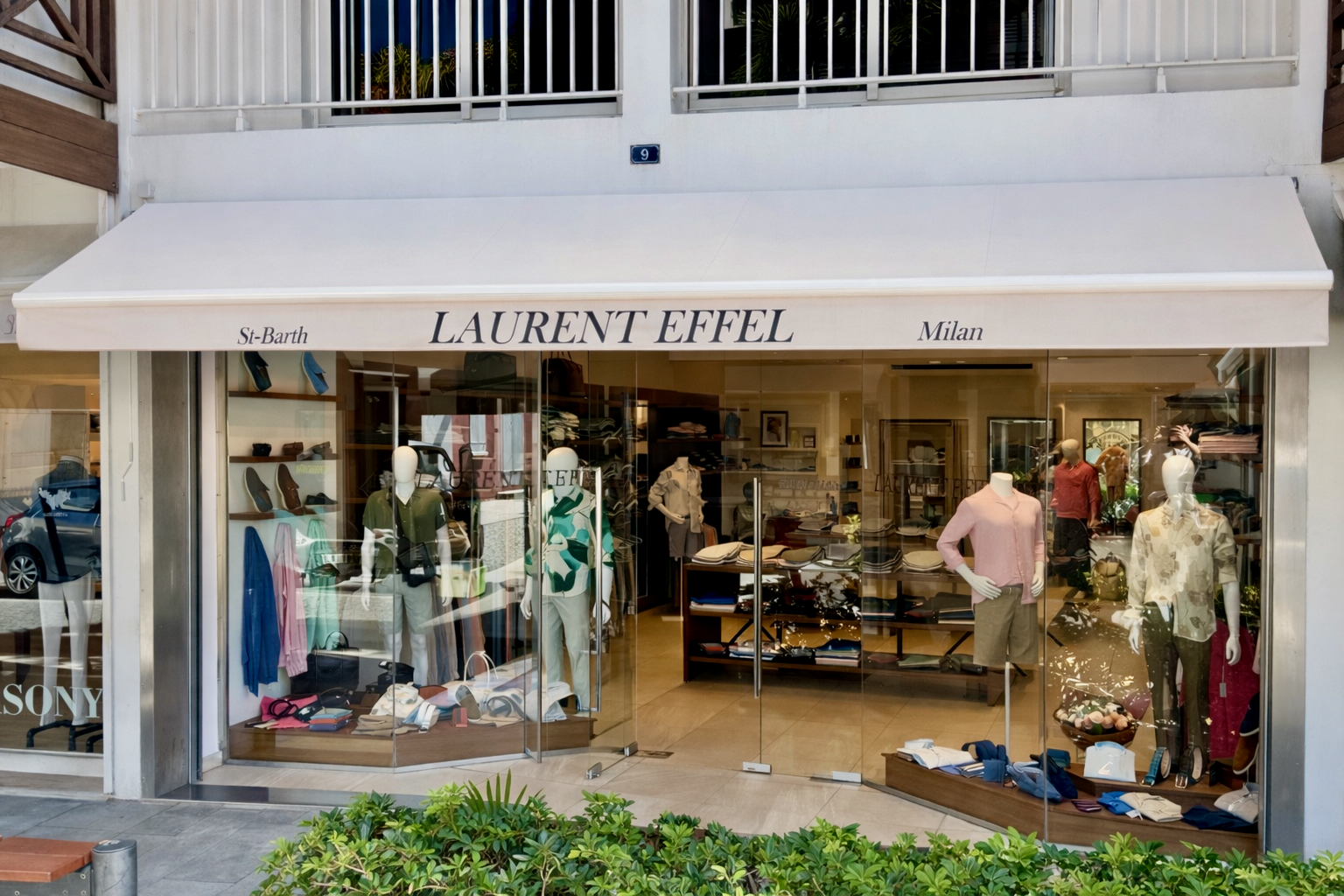 Laurent Effel storefront in Gustavia, St Barthélemy — luxury men's clothing and leather goods boutique